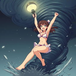 An anime-style illustration of a girl in a bikini with a very scared expression, holding onto a light post with her hands while being sucked into a tornado