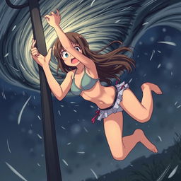 An anime-style illustration of a girl in a bikini with a very scared expression, holding onto a light post with her hands while being sucked into a tornado