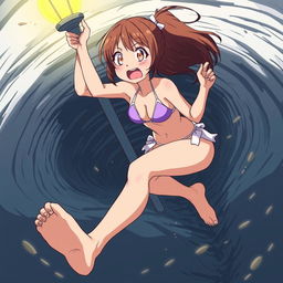 An anime-style illustration of a girl in a bikini with a very scared expression, holding onto a light post with her hands while being sucked into a tornado