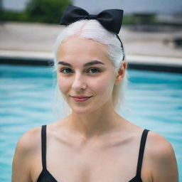 Photo of events of a girl 25 years, average build, with white hair in black swimsuit swimming without bow. Proportional long square facial features, dimples in the cheeks, bow lips, large black eyebrows, smooth green medium eyes, swarthy skin.