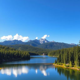 Create a beautiful landscape featuring a serene lake surrounded by lush forests and majestic mountains in the background, with a clear blue sky and a few fluffy clouds