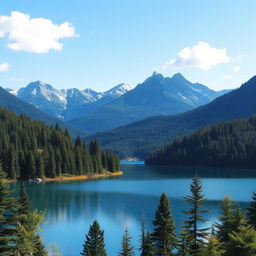Create a beautiful landscape featuring a serene lake surrounded by lush forests and majestic mountains in the background, with a clear blue sky and a few fluffy clouds
