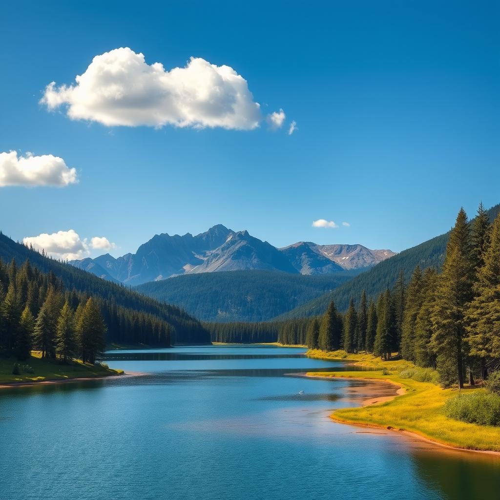 Create a beautiful landscape featuring a serene lake surrounded by lush forests and majestic mountains in the background, with a clear blue sky and a few fluffy clouds