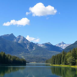 Create a beautiful landscape featuring a serene lake surrounded by lush forests and majestic mountains in the background, with a clear blue sky and a few fluffy clouds