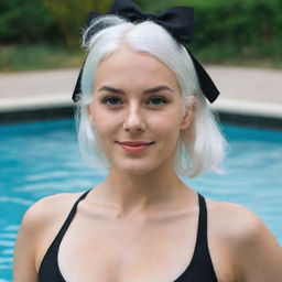 Photo of events of a girl 25 years, average build, with white hair in black swimsuit swimming without bow. Proportional long square facial features, dimples in the cheeks, bow lips, large black eyebrows, smooth green medium eyes, swarthy skin.