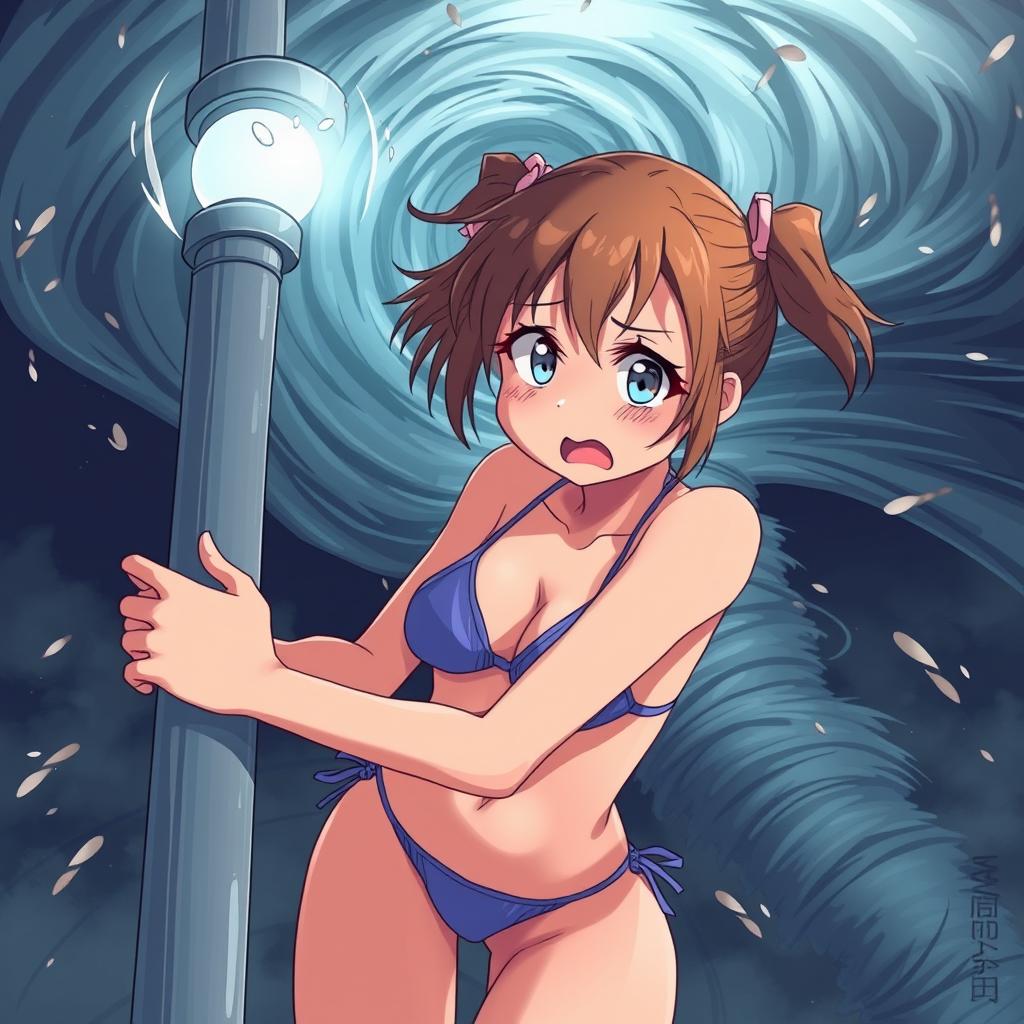 An anime-style illustration of a girl in a bikini with a very scared expression, holding onto a light post with her hands while being sucked into a tornado