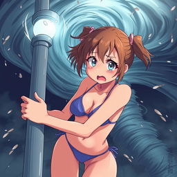 An anime-style illustration of a girl in a bikini with a very scared expression, holding onto a light post with her hands while being sucked into a tornado