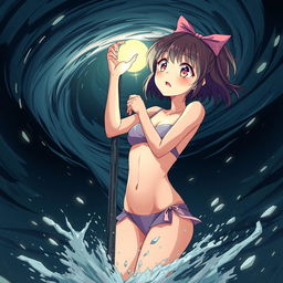 An anime-style illustration of a girl in a bikini with a very scared expression, holding onto a light post with her hands while being sucked into a tornado