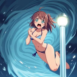 An anime-style illustration of a girl in a bikini with a very scared expression, holding onto a light post with her hands while being sucked into a tornado