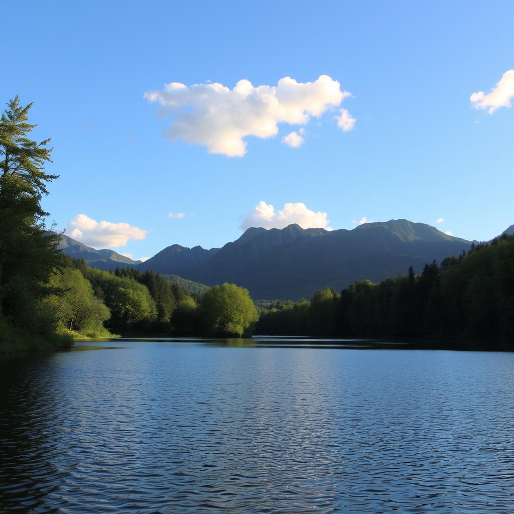 A serene landscape featuring a calm lake surrounded by lush green trees and mountains in the background