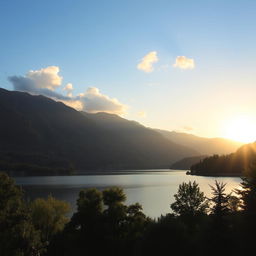 A serene landscape featuring a calm lake surrounded by lush green trees and mountains in the background