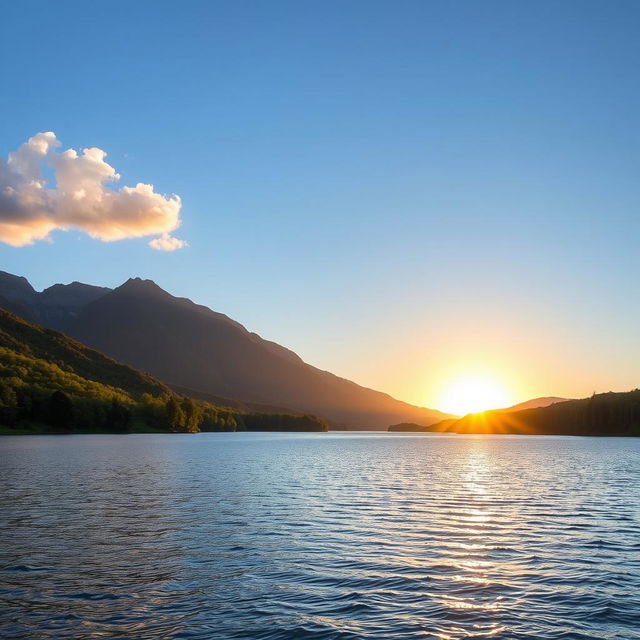 A serene landscape featuring a calm lake surrounded by lush green trees and mountains in the background