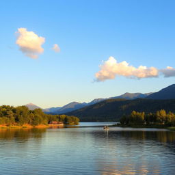 A serene landscape featuring a calm lake surrounded by lush green trees and mountains in the background