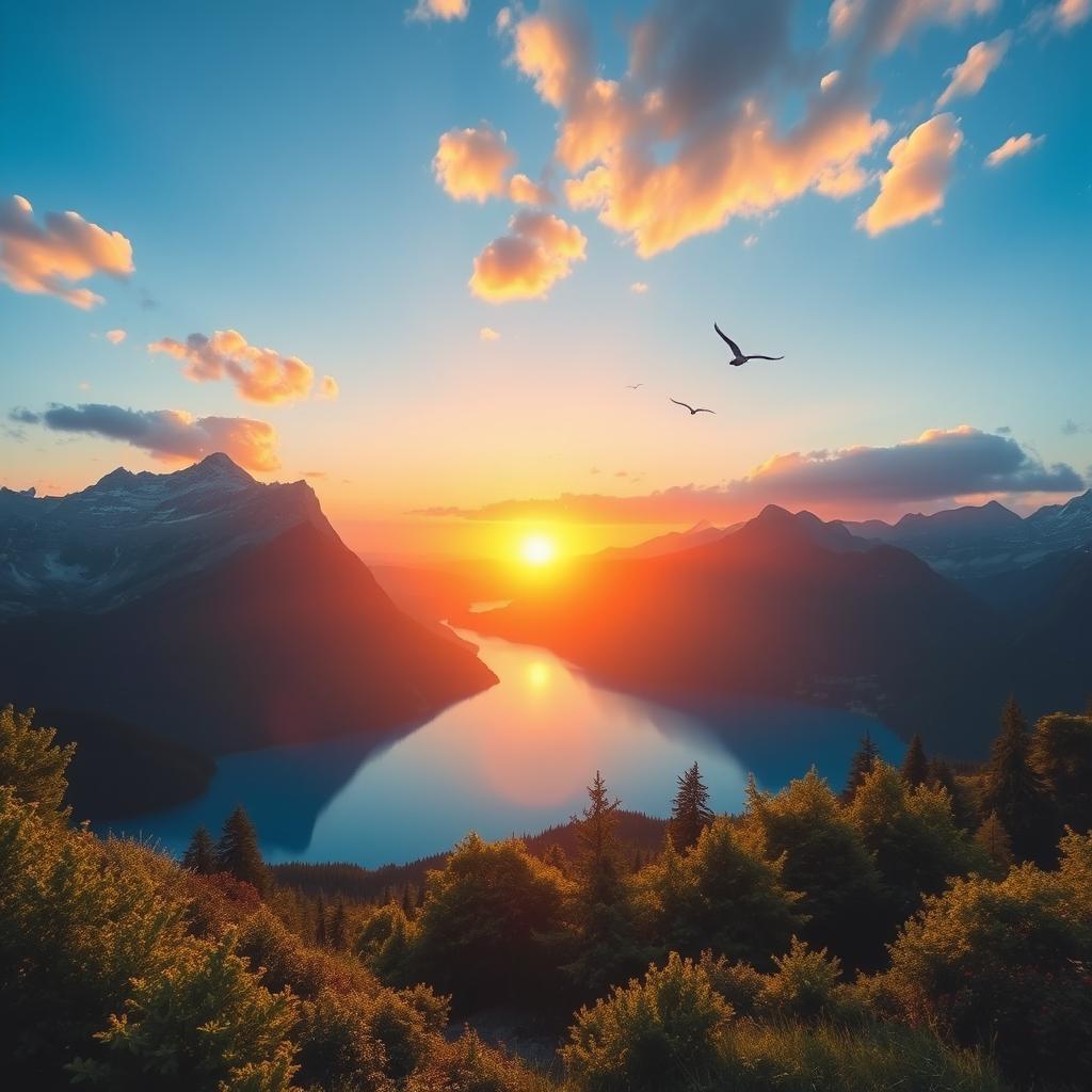 Create an image of a beautiful landscape featuring mountains, a clear blue lake, and a vibrant sunset