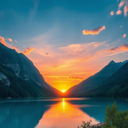 Create an image of a beautiful landscape featuring mountains, a clear blue lake, and a vibrant sunset