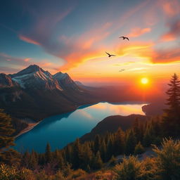 Create an image of a beautiful landscape featuring mountains, a clear blue lake, and a vibrant sunset