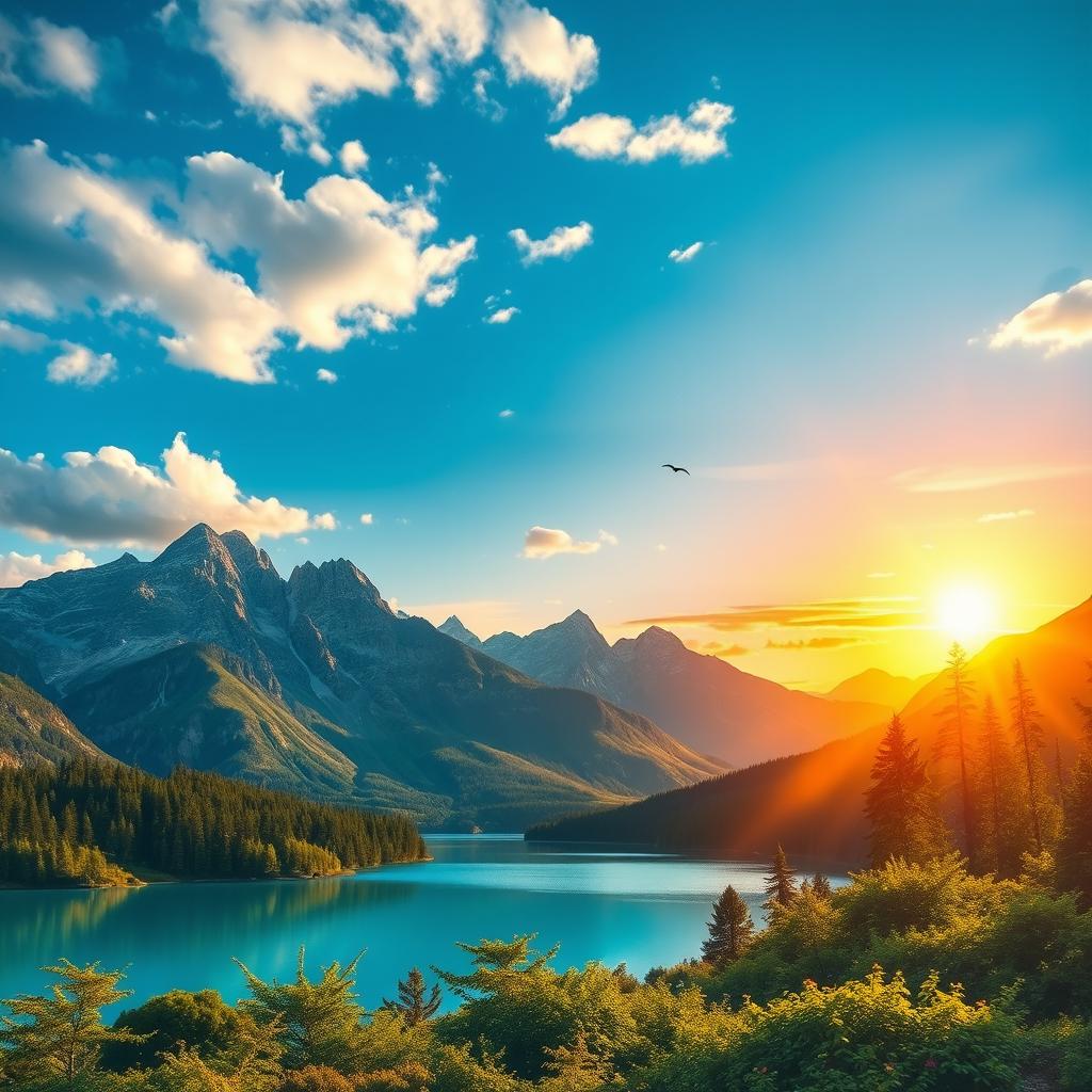 Create an image of a beautiful landscape featuring mountains, a clear blue lake, and a vibrant sunset