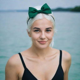 Photo of events of a girl 25 years, average build, with white hair in black swimsuit swimming without bow. Proportional long square facial features, dimples in the cheeks, bow lips, large black eyebrows, smooth green medium eyes, swarthy skin.