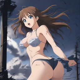 An anime girl in a bikini is being sucked up into a tornado, desperately hanging onto a light post