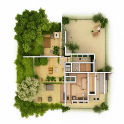 A 3D composition of a colonial and modern mixed habitat plan. Showcase how the blend of these two styles unfolds in a spatial layout