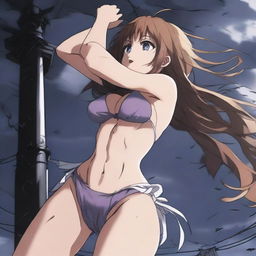 An anime girl in a bikini is being sucked up into a tornado, desperately hanging onto a light post