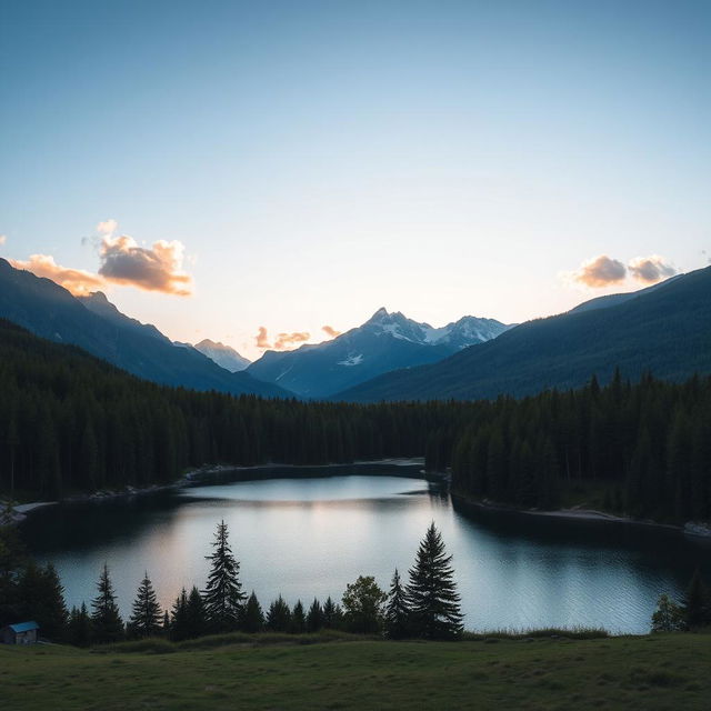 A beautiful landscape featuring a serene lake surrounded by lush green forests and majestic mountains in the background