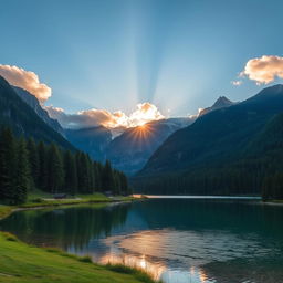 A beautiful landscape featuring a serene lake surrounded by lush green forests and majestic mountains in the background