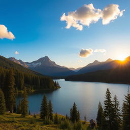 A beautiful landscape featuring a serene lake surrounded by lush green forests and majestic mountains in the background