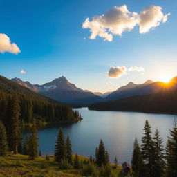 A beautiful landscape featuring a serene lake surrounded by lush green forests and majestic mountains in the background