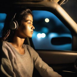 Uma jovem adulta sentada em um autocarro, olhando para o céu noturno através da janela, usando fones de ouvido