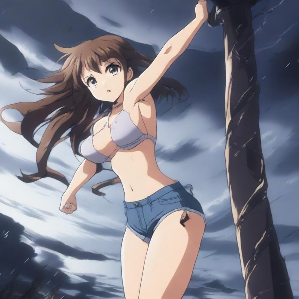 An anime girl in a bikini is being sucked up into a tornado, hanging onto a light post with one hand