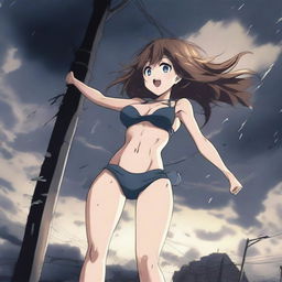 An anime girl in a bikini is being sucked up into a tornado, hanging onto a light post with one hand