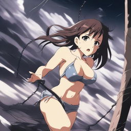 An anime girl in a bikini is being sucked up into a tornado, hanging onto a light post with one hand