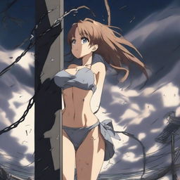 An anime girl in a bikini is being sucked up into a tornado, hanging onto a light post with one hand