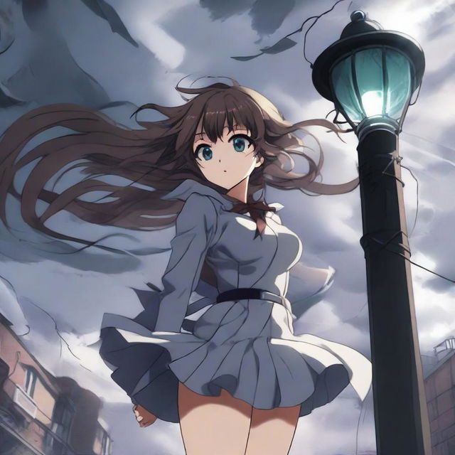 A dynamic scene featuring an anime girl with a sensual appearance, holding onto a light post as she is being sucked up into a tornado