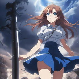 A dynamic scene featuring an anime girl with a sensual appearance, holding onto a light post as she is being sucked up into a tornado