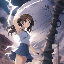 A dynamic scene featuring an anime girl with a sensual appearance, holding onto a light post as she is being sucked up into a tornado