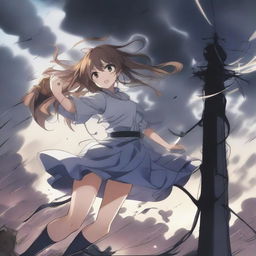 A dynamic scene featuring an anime girl with a sensual appearance, holding onto a light post as she is being sucked up into a tornado