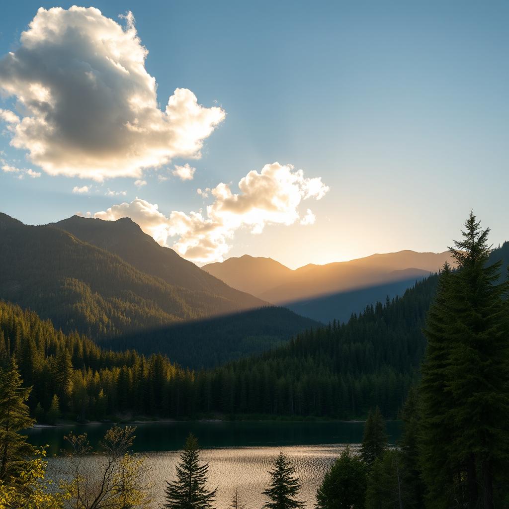 A beautiful landscape featuring a serene lake surrounded by lush forests and mountains in the background