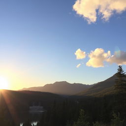 A beautiful landscape featuring a serene lake surrounded by lush forests and mountains in the background