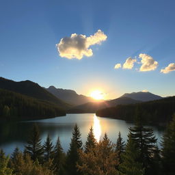 A beautiful landscape featuring a serene lake surrounded by lush forests and mountains in the background