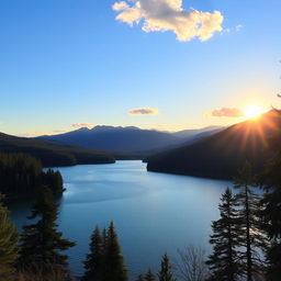 A beautiful landscape featuring a serene lake surrounded by lush forests and mountains in the background