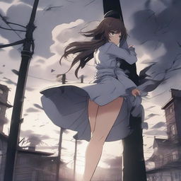 A dramatic scene featuring a sensual anime girl clinging to a light post for dear life as a powerful tornado swirls right next to her