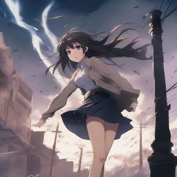 A dramatic scene featuring a sensual anime girl clinging to a light post for dear life as a powerful tornado swirls right next to her