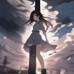 A dramatic scene featuring a sensual anime girl clinging to a light post for dear life as a powerful tornado swirls right next to her