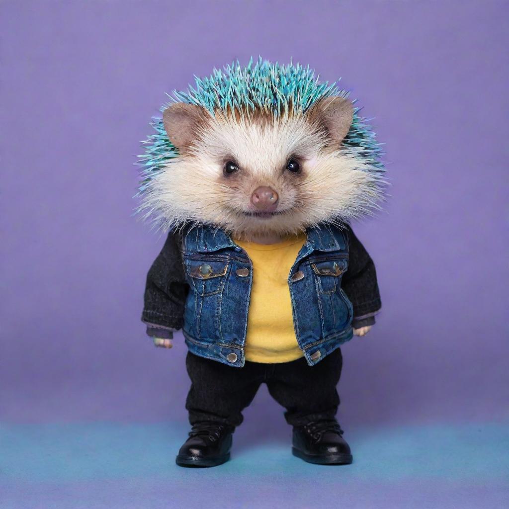 Teenage female hedgehog in violet, adorned in a black jean jacket and shoes with a black stripe on a blue base. Her stomach is light peach, she holds a cyan emerald, all against a purple background and wears a yellow shirt.