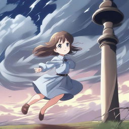 A cute anime girl is being pulled away by a tornado, holding onto a light post with just one hand