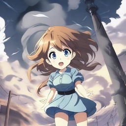 A cute anime girl is being pulled away by a tornado, holding onto a light post with just one hand