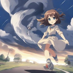 A cute anime girl is being pulled away by a tornado, holding onto a light post with just one hand