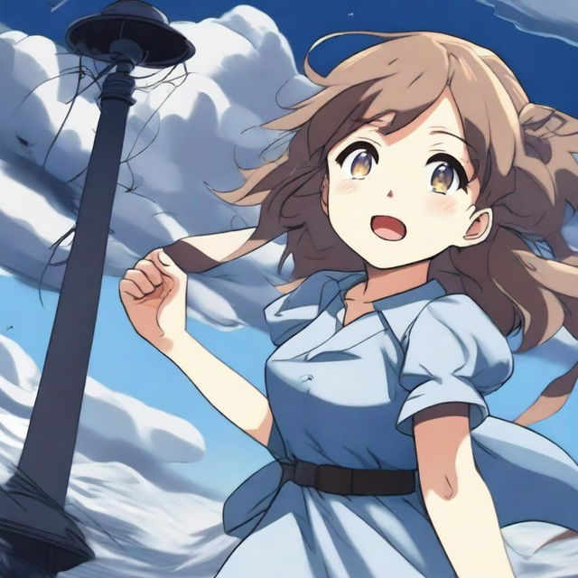 A cute anime girl is being pulled away by a tornado, holding onto a light post with just one hand